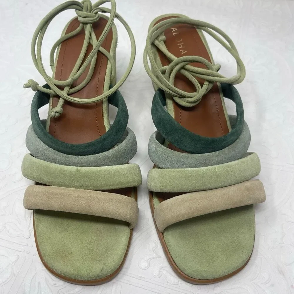Anthropologie Alohas Shades Of Green Letizia Suede Strappy Heeled Sandals Sz 39